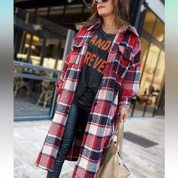 NWT Women's Blend Long Plaid Shirt Jacket Button Shacket Pocketed Flannel Coat - Picture 1 of 6